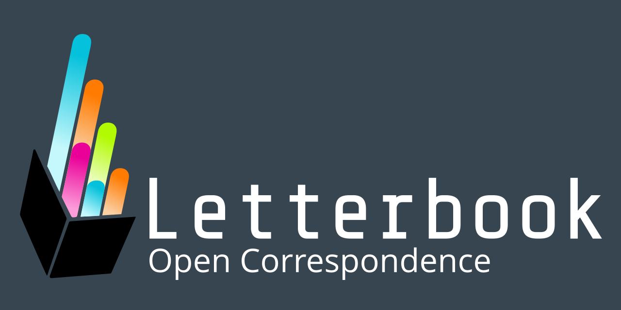 Letterbook. Open correspondence. On the left, an open book with multi-colored rods coming out of it.