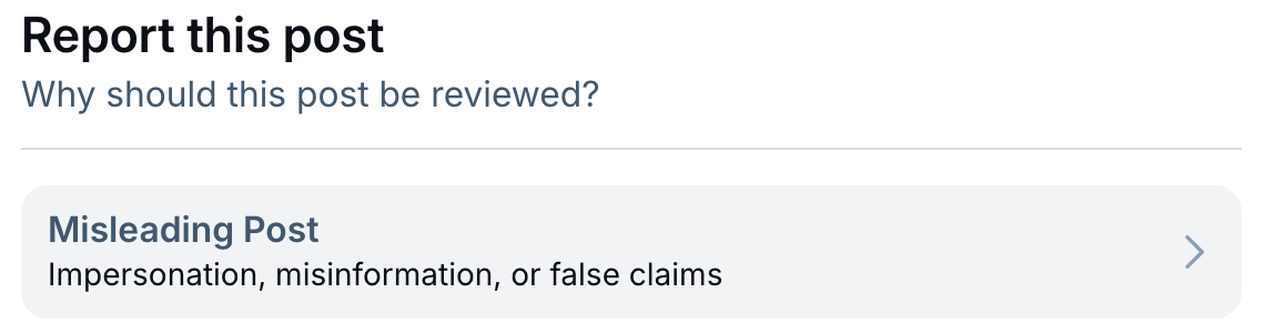 Report this post. Why should this post be reviewed? Below, a button with the label "Create report for misleading post".