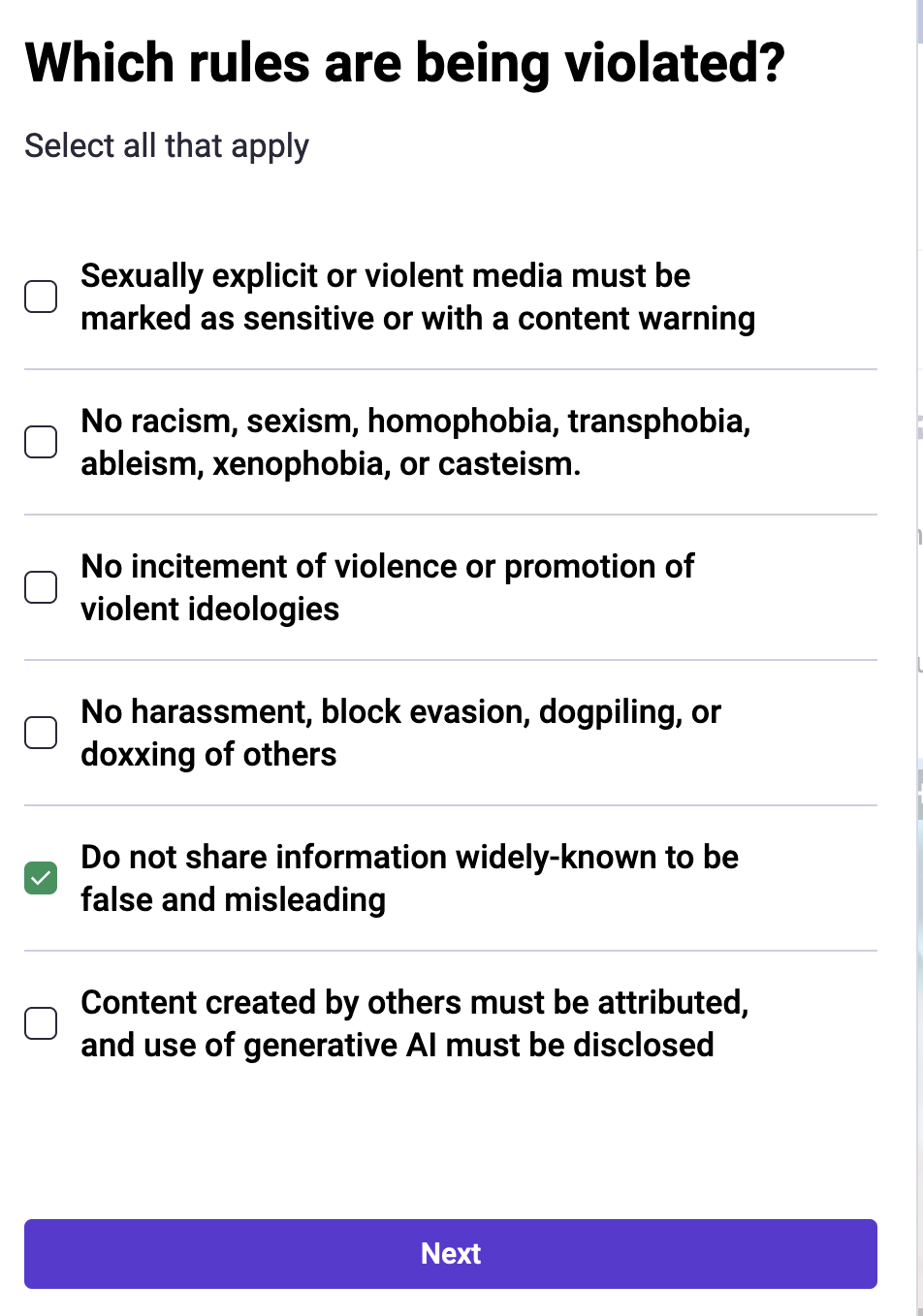 Which rules are being violated? Select all that apply. Below, 6 choices. The fifth, with a checked box, says Do not share information widely-known to be false and misleading. At the bottom, a button labeled Next