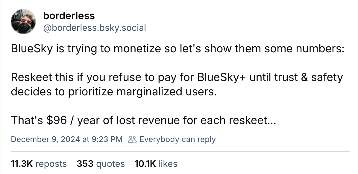 A post by borderless, with 11.3K reposts. BlueSky is trying to monetize so let's show them some numbers: Reskeet this if you refuse to pay for BlueSky+ until trust & safety decides to prioritize marginalized users. That's $96 / year of lost revenue for each reskeet...